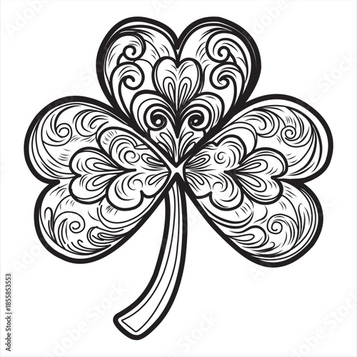 St. Patrick’s Day Shamrock Line Art. This black-and-white line illustration features a delicate shamrock, perfect for St. Patrick’s Day coloring pages. With intricate patterns and a clean white 