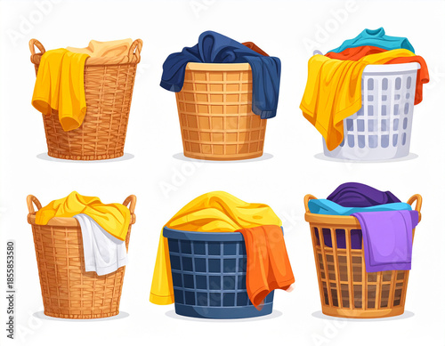 Vibrant Laundry Day - Six Overflowing Baskets with Colorful Clothes, Wicker and Plastic.