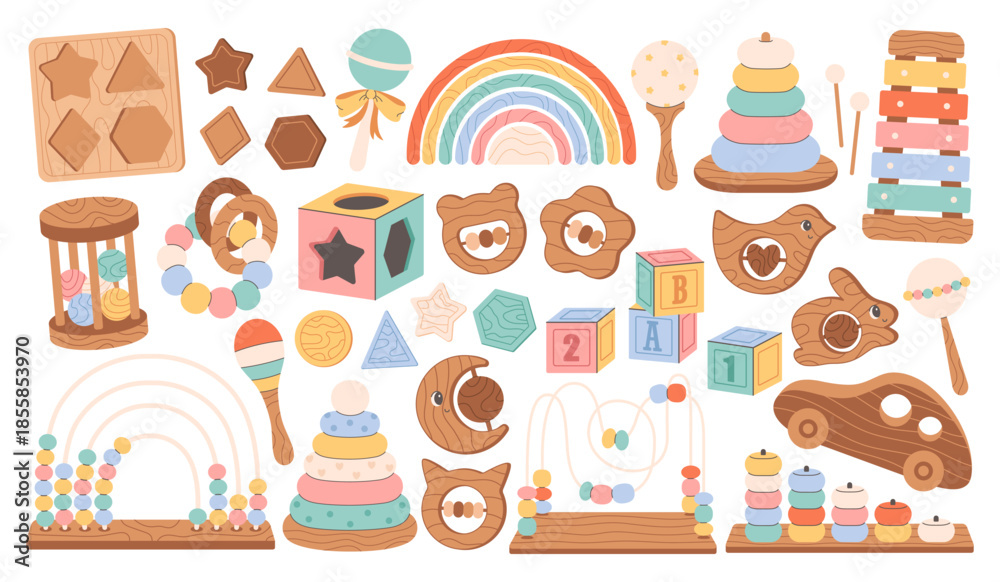 Fototapeta premium Educational children games, preschool activities concept. Wooden blocks, xylophone, pyramid, montessori games. Flat vector illustration