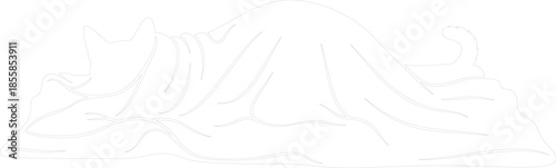 Cozy cat sleeping under blanket minimalist line drawing outline vector