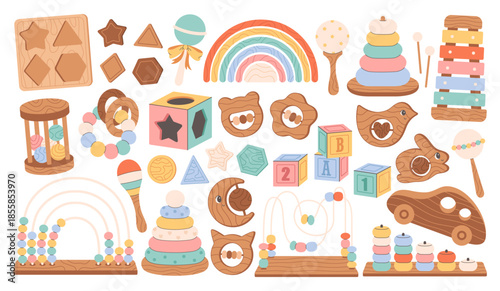 Educational children games, preschool activities concept. Wooden blocks, xylophone, pyramid, montessori games. Flat vector illustration