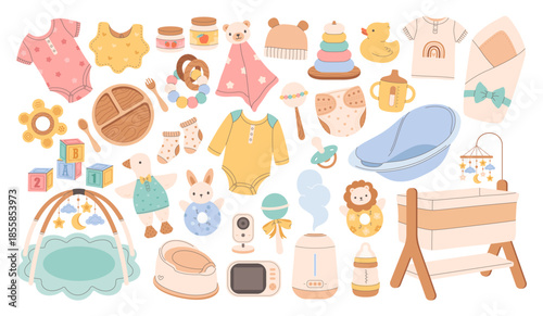 Baby care items. Newborn accessories set. Supplies for feeding and caring for newborns and infants. Flat vector illustration