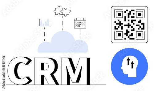 CRM concept. CRM integrates data via cloud storage, connecting workflow tools, QR code scanning, and analytics for business management. For automation, data storage, marketing, tech workflow