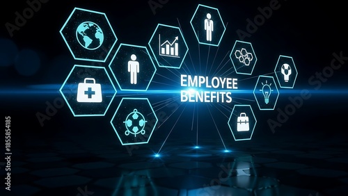 Futuristic illustration of employee benefits surrounding a central hub with various icons and graphics in a dark blue environment