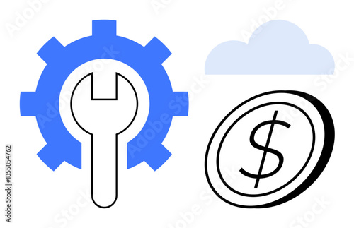 Business infrastructure, financial maintenance, cloud computing, economic optimization, IT services, digital operations. Gear and wrench, dollar coin cloud. Financial maintenance and cloud computing