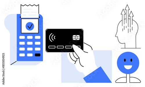 Contactless payment concept. Contactless card usage with payment terminal and symbolic growth elements. Contactless transactions for innovation, finance, consumer convenience, security