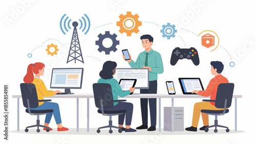 Office workers collaborating with tech tools