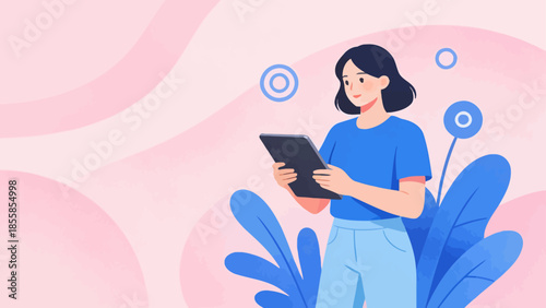 Woman using tablet with plants