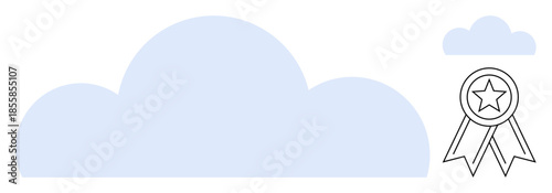 Cloud services, data storage, cybersecurity, reliability, quality assurance, digital innovation. Large cloud with nearby ribbon-shaped award badge. Cloud services and data storage concept