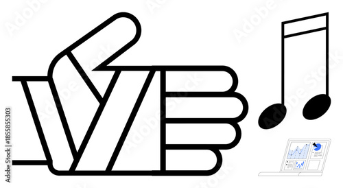 Communication, music creation, teamwork, digital content, creative projects, online tools. Hand in thumb-up gesture, musical notes and a laptop screen with charts. Communication and music creation