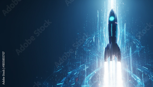 A digital rocket taking off vertically with light trails, perfect for new product launches and technology advancement concepts