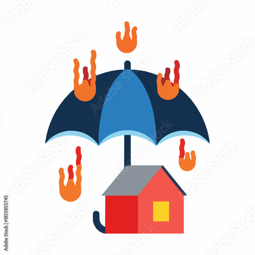 Fire insurance protection concept with house under umbrella flat vector illustration