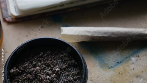 Herb Grinder with Ground Cannabis and Pre-rolled Joint on Table