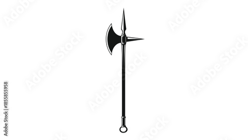 Black silhouette of a medieval battle-axe with a long handle and pointed spike on a isolated on white background