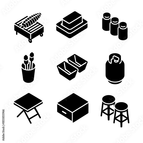 Bbq grills and outdoor essentials icons set