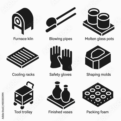 Glassblowing tools and equipment icons: kiln, pipes, pots, racks, gloves, molds, trolley, vases, foam