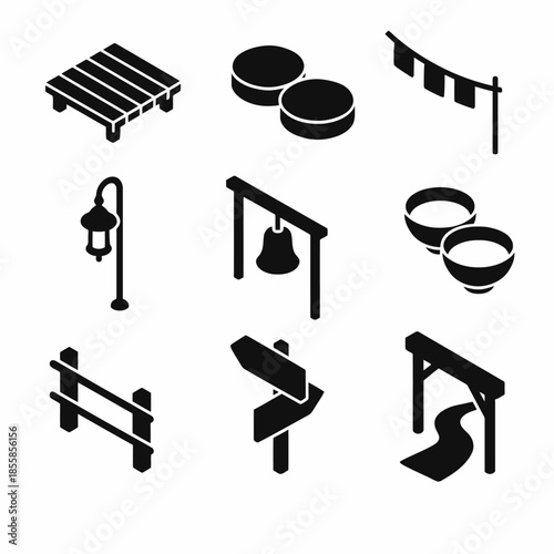 Minimalist outdoor icons of street lamp, pagoda, and path