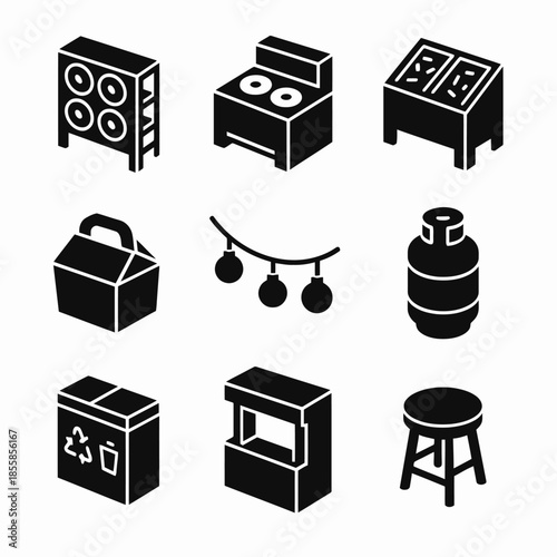 Black and white kitchen icons set featuring appliances and furniture