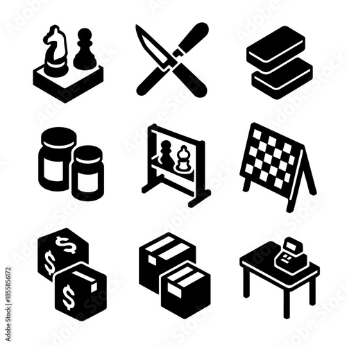 Black and white symbols: chess, cutlery, bricks, jars, mirror, board, dice, boxes, desk