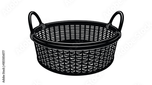 Black wire basket with two handles on , flat design isolated on white background
