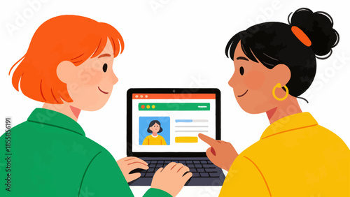 Two women collaborating on a laptop