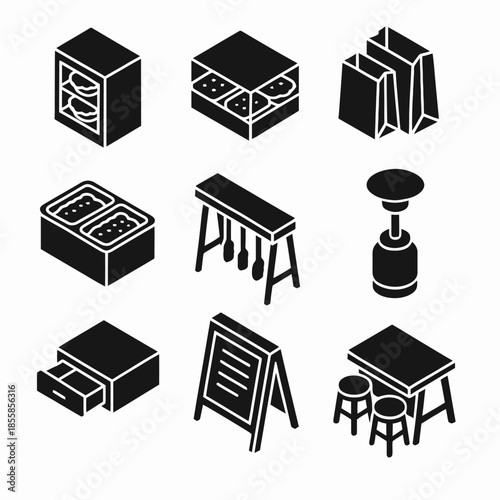 Set of dining and kitchen furniture icons in black silhouette style