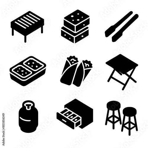 Black bbq icons: grill, skewers, spices, sandwich, cutting board, gas cylinder, tacos, table, stools