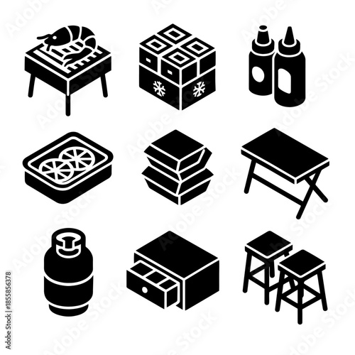 Black icons of bbq items including grill, condiments, and outdoor furniture