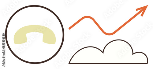 Abstract phone receiver in circle, upward arrow on line graph, and cloud outline. Ideal for communication, technology, growth, business, data networking innovation. Simple flat metaphor