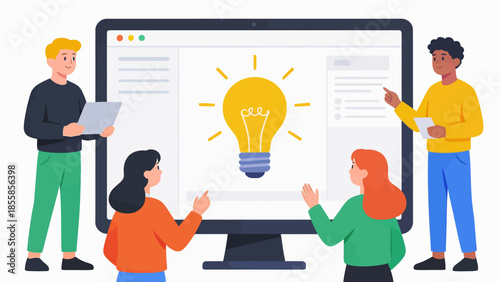 Four people around a computer with a light bulb