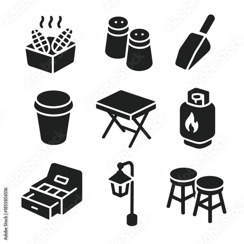 Camping essentials icons set: table, grill, lantern, and more illustrated icons