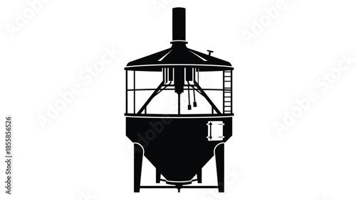 Black silhouette of industrial brewing equipment with chimney and cage structure isolated on white background