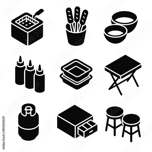 Restaurant kitchen icons: fryer, snack, bowl, bottles, containers, table, grinder, drawers, stools