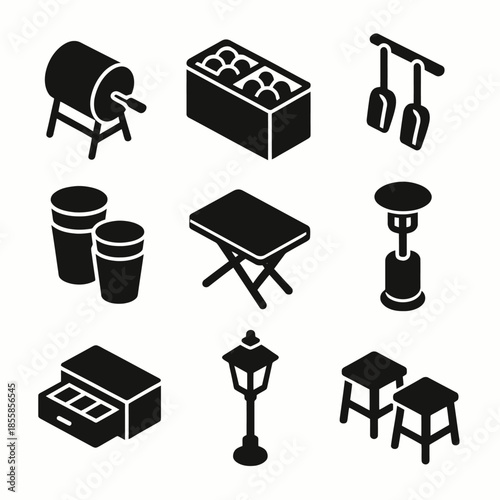 Collection of camping equipment icons: table, lantern, cooler, and tools