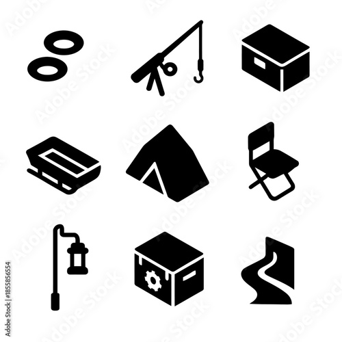Collection of camping icons: tent, fishing rod, lantern, and more