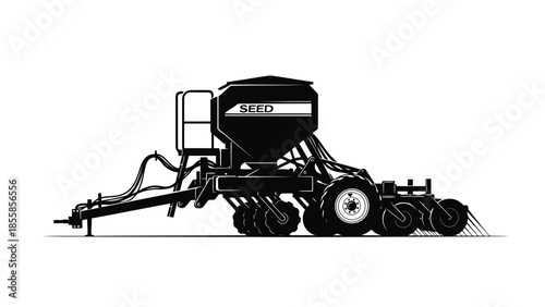 Black silhouette of a large agricultural seeder machine with seed container and wheels on a isolated on white background