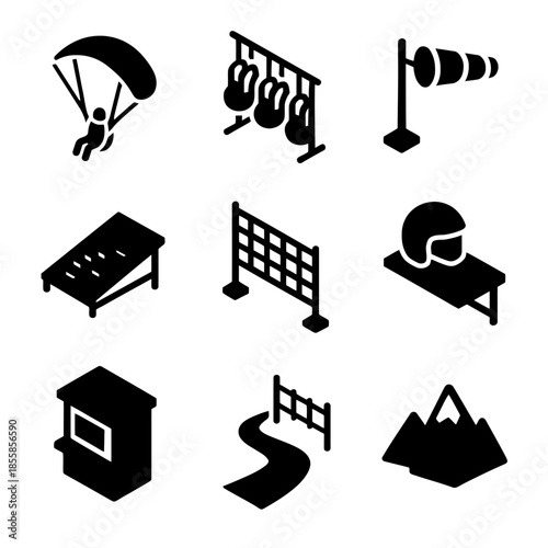 Outdoor adventure icons: parachuting, playground, wind sock, helmet, mountains