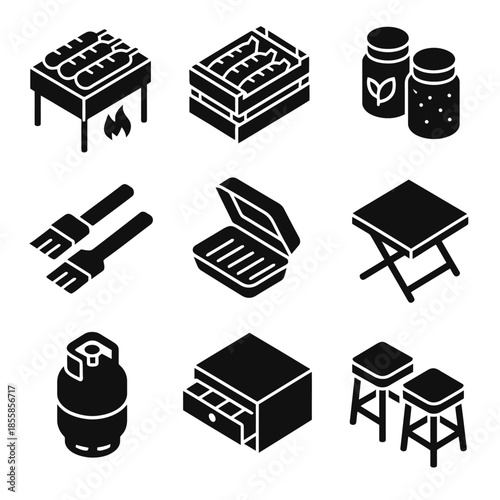 Outdoor cooking essentials in black and white icons
