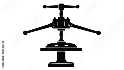 Black silhouette of a tabletop drill press machine with three handles on a isolated on white background