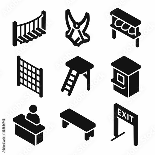 Set of nine black playground icons featuring swings, slide, and exit sign