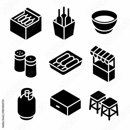 Set of street food icons featuring grill, skewers, noodles, and market stand