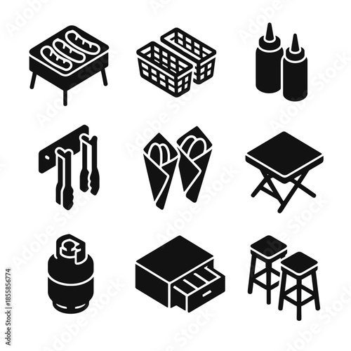 Barbecue icons: grill, condiments, baskets, tools, food, table, propane, storage, stools