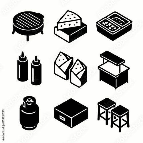 Black and white bbq icons set with grill, cheese, and food items