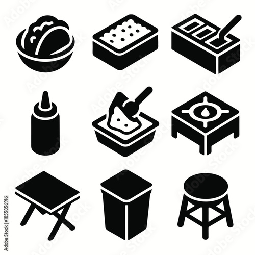 Icons of taco, cheese, ice cream, sauce bottle, stove, table, trash can, and stool