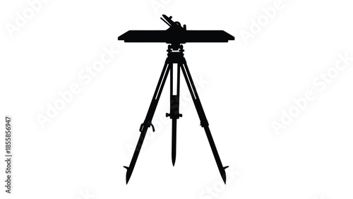 Black silhouette of a tripod with a flat rectangular object on top isolated on white background