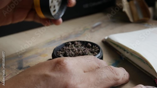 Person Finger Testing Texture of Crushed Dry Marijuana in Premium Herb Grinder