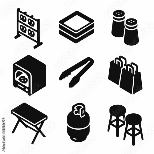 Kitchen and dining icons: oven, grill, tongs, propane, spices, bags, stools, table