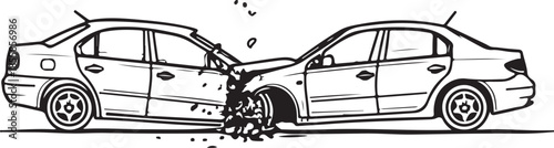 Car Crash Road Accident Hand-drawn Sketch Drawing Vector Illustration, Line Linear Symbol Engraving Coloring Book, Black and White Isolated
