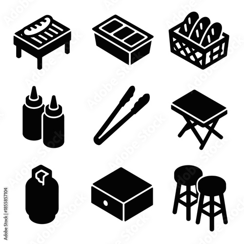Set of nine bbq grill and kitchen utensil icons in black silhouette