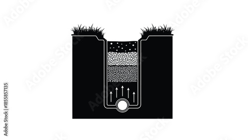 Underground drainage system cross-section flat vector icon showing water filtration layers and upward flow isolated on white background
